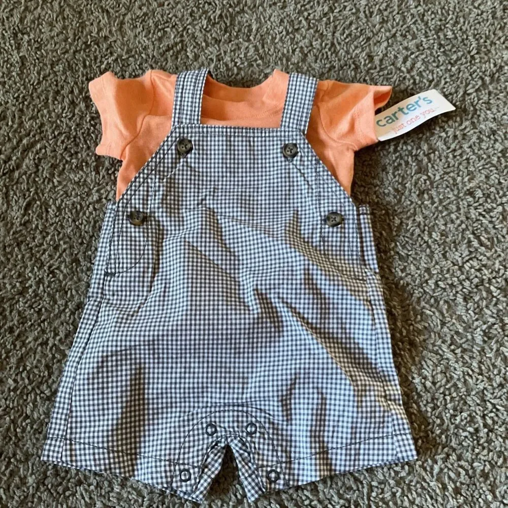NWT Carter's Checkered Short Overalls Tee Outfit 2PC Set 3 Months Baby Boy